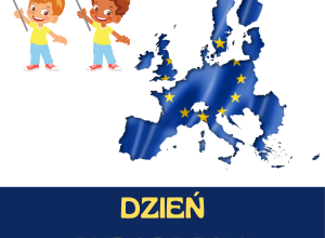 W lewym górnym rogu rysunku jest dwójka dzieci, trzymająca flagi z symbolem Unii Europejskiej, poniżej mapa Europy i na dole napis: Dzień Europejski.