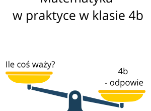 Rysunek wagi szalkowej, na jednej szalce napis: "Ile coś waży?", na drugiej: "4b - odpowie".