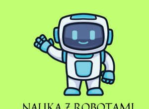 Rysunek robota z napisem: Matematyka w ruchu - Nauka z robotami.