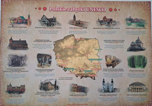 Plansza edukacyjna poświęcona zabytkom UNESCO.
