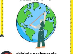 Rysunek z kulą ziemską i dziewczyną mierzącą Ziemię. Wokół jest miarka mierniczą i napis: Klasy - działają praktycznie.