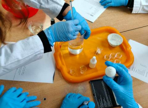 Uczniowie podczas przygotowywania balsamu do ust.